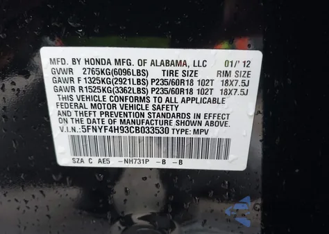 2012 Honda Pilot Touring z USA, uszkodzony, nr VIN 5FNYF4H93CB033530